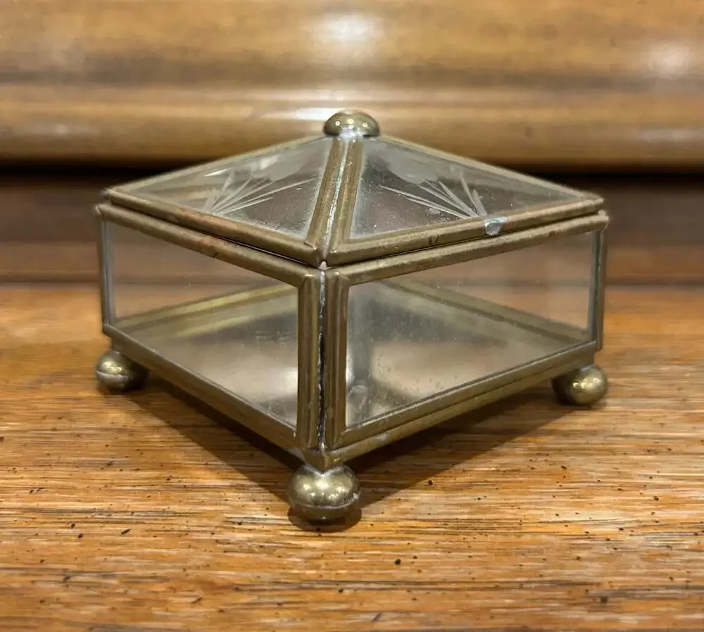 Vintage Brass and Etched Glass Footed Trinket Box with Mirrored Bottom